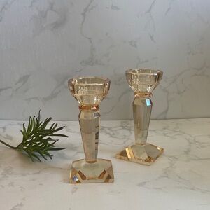 Vintage Amber Cut Glass Candlestick Holders Set Faceted Crystal Style Pair 6”
